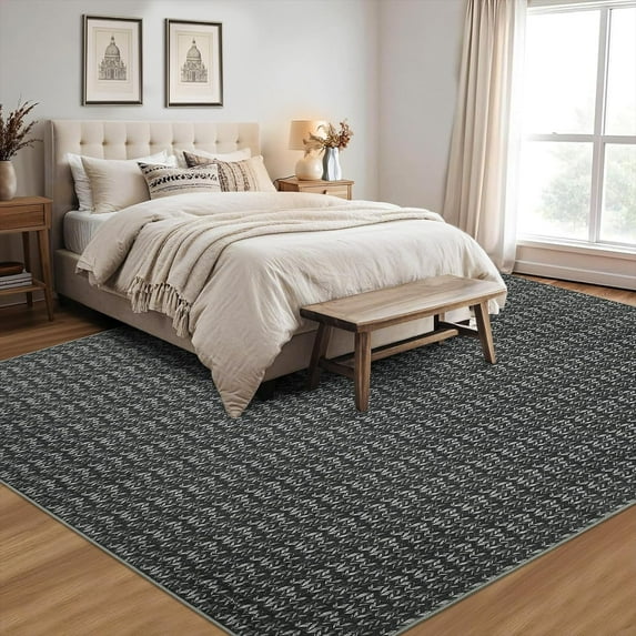 Washable 10x13 Area Rug Luxury Soft Non-Slip Low Pile Contemporary Boho Modern Black Dining Rugs Stain-Resistant High Traffic Bistro Patio