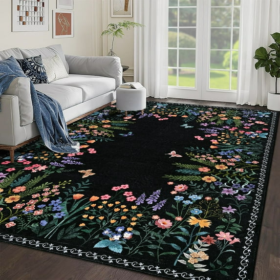 Washable 10x13 Area Rugs, Large Living Room Rug, Non-Slip Soft Floral Rugs for Bedroom, Botanical Area Rug Carpet for Dining Room Guest Room (Black,10'x13')