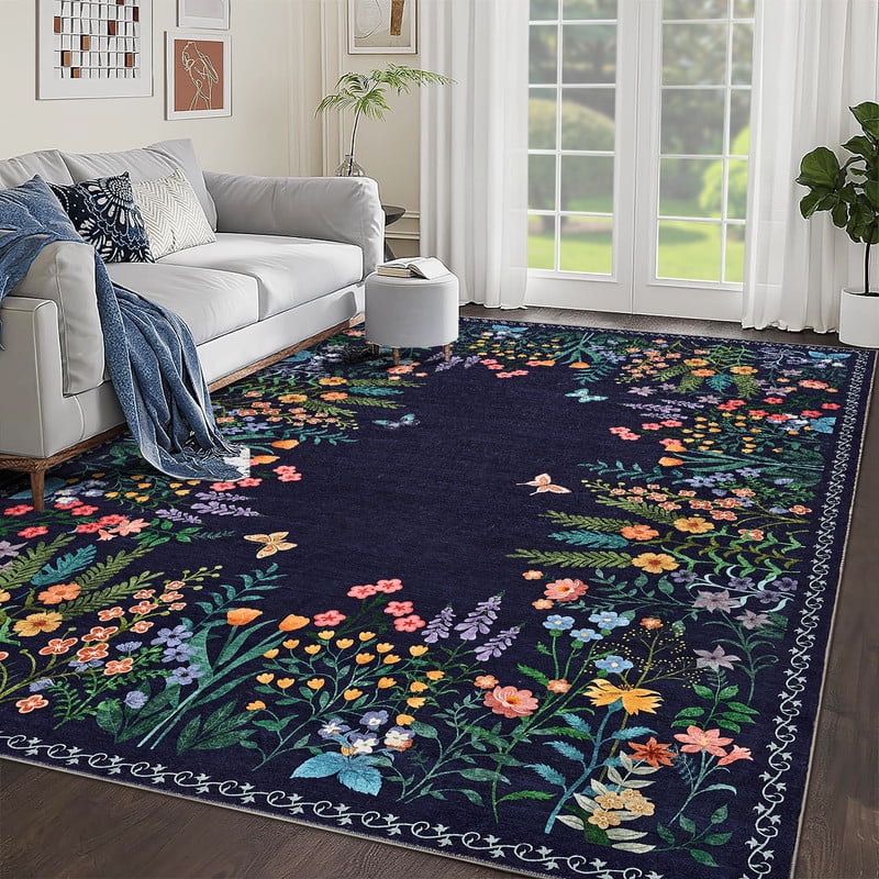Washable 10x13 Area Rugs, Large Living Room Rug, Non-Slip Soft Floral Rugs for Bedroom, Botanical Area Rug Carpet for Dining Room Guest Room (Blue,10'x13')