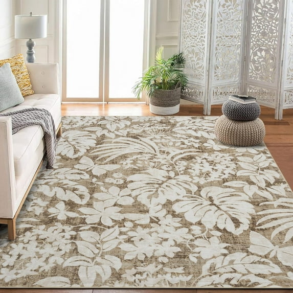 Washable 10x13 Large Area Rugs for Living Room Non-Slip Modern Botanical Floral Rugs Accent Floor Carpet for Bedroom Dining Room Brown