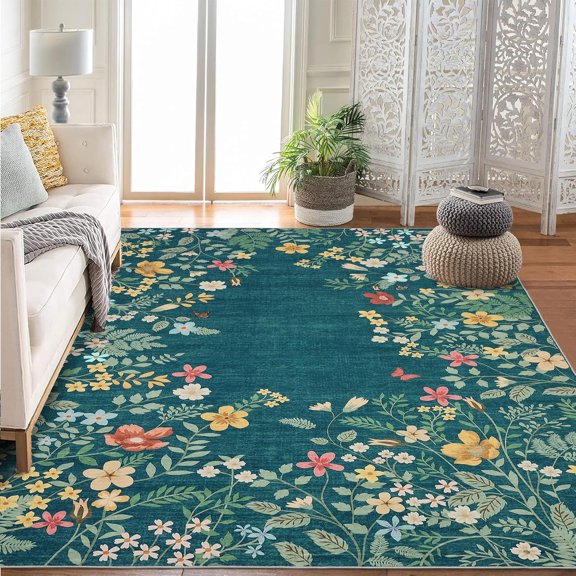 Washable 10x13 Rug, Non-Slip Soft Blue Botanical Area Rugs for Living Room, Non-Shedding Large Bedroom Rug, Ultra-Thin Stain Resistant Floor Carpet for Dining Table
