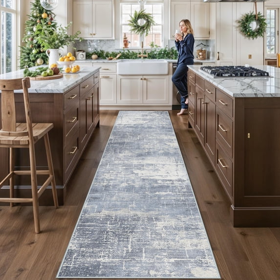 Washable 12ft Hallway Runner Rug: Non-slip 2'6x12 Kitchen Rugs Low-pile Entryway Rug Abstract Soft Bedroom Floor Mat Farmhouse Carpet For Bathroom Living Room Dining Room(2'6x12 Blue/ivory)