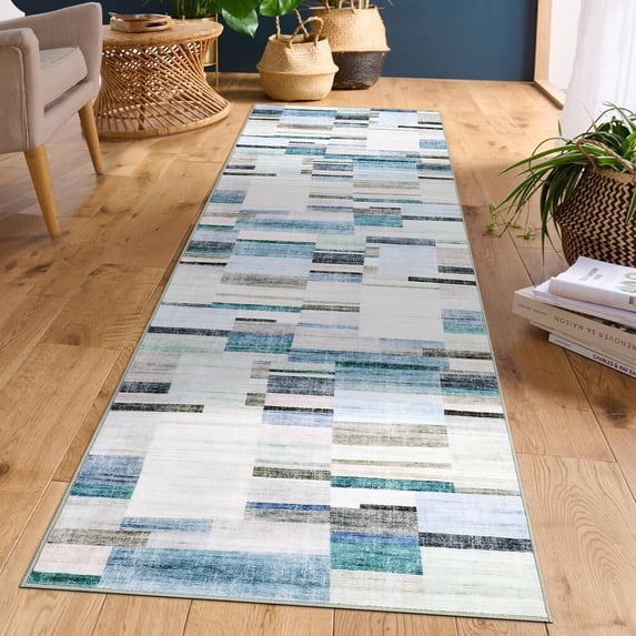Memoryfield Washable 2' x 6' Runner Rug, Foldable Geometric Printed Carpet, Soft Low Pile Abstract Floor Mats, Non Shedding Floor Covering for Bedroom Living Room, Blue