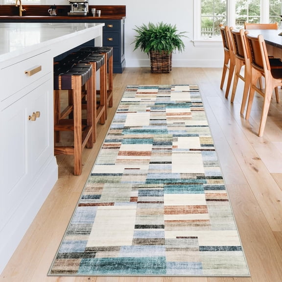 Memoryfield Washable 2' x 6' Runner Rug, Foldable Geometric Printed Carpet, Soft Low Pile Abstract Floor Mats, Non Shedding Floor Covering for Bedroom Living Room, Multicolor