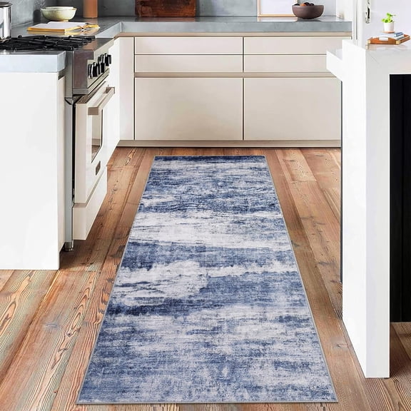 Washable 2'x6' Runner Rug Non-Slip Low Pile Modern Abstract Soft Rug for Entryway Bedroom Nursery Living Room Blue