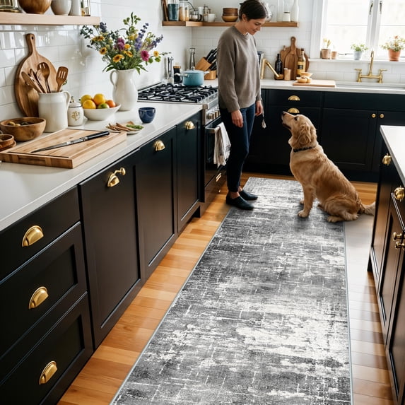 Washable 2x10 Kitchen Area Rug: Entryway Abstract Rug Runner Soft Bedroom Besides Floor Mat Non-slip Indoor Farmhouse Carpet For Bathroom Living Room Stain Resistant Family(2x10 Black/grey)
