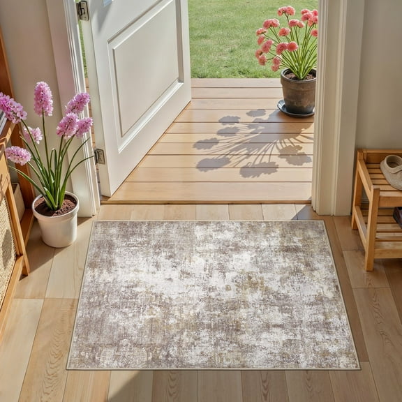 Uermei 2x3 Washable Entryway Rug: Non-Slip Soft Small Indoor Area Rug for Hallway Bedroom Kitchen, Stain-Resistant Durable Abstract Carpet for Porch Laundry Kids Room Home Decor - Golden Brown