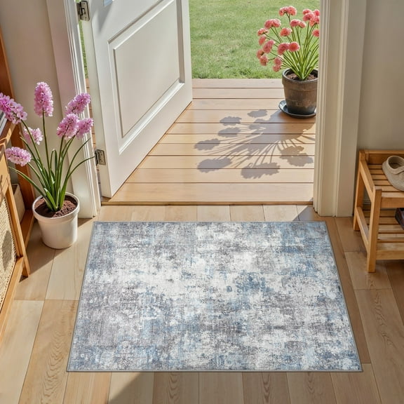 Uermei 2x3 Washable Entryway Rug: Non-Slip Soft Small Indoor Area Rug for Hallway Bedroom Kitchen, Stain-Resistant Durable Abstract Carpet for Porch Laundry Kids Room Home Decor - Blue Gray