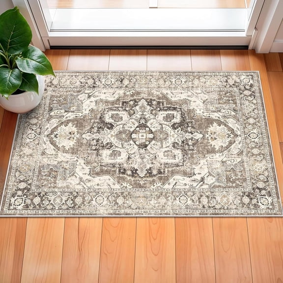 Washable 2x3 Entryway Rug: Non Slip Vintage Door Mat Indoor with Rubber Backing for Living Room Bedroom Bathroom Non Shedding Farmhouse Carpet Runner (Beige/Brown/Grey, 2X3)