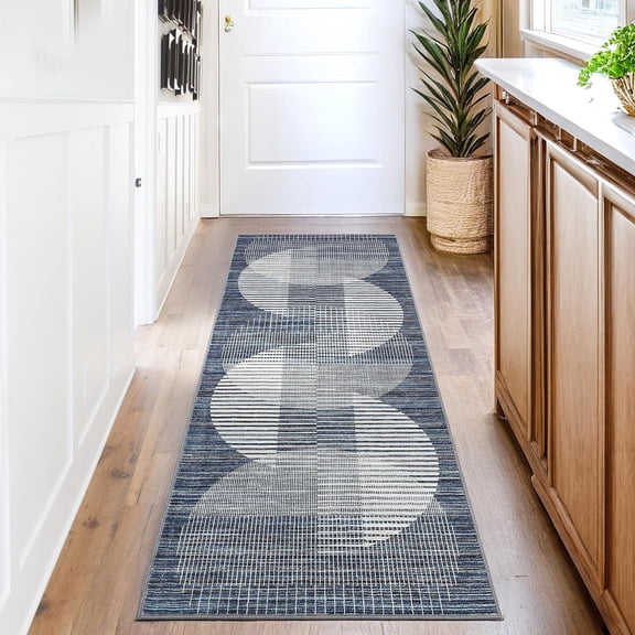 Washable 2x6 Hallway Runner Rug - 2x6 Washable Modern Geometric Bathroom Rugs, Soft Ultra Thin Kitchen Runner, Low Pile Non Slip Contemporary Throw Carpet for Laundry Bedroom, Blue