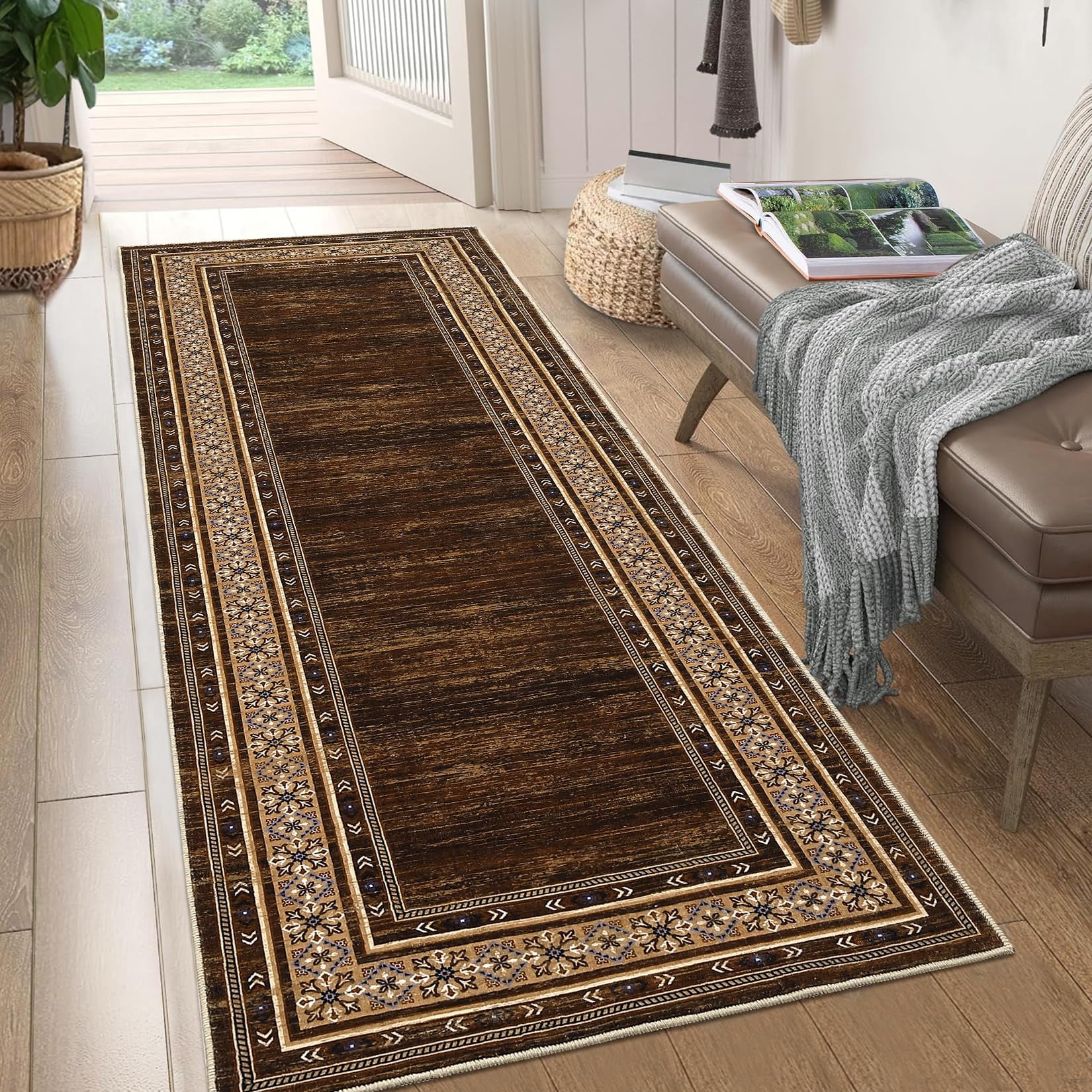 Washable 2x6 Hallway Runner Rugs, Soft Non Slip Kitchen Rug Carpet, Indoor Modern Geometric Rugs, Low Pile Throw Runner for Laundry Entryway Bathroom, Red Brown