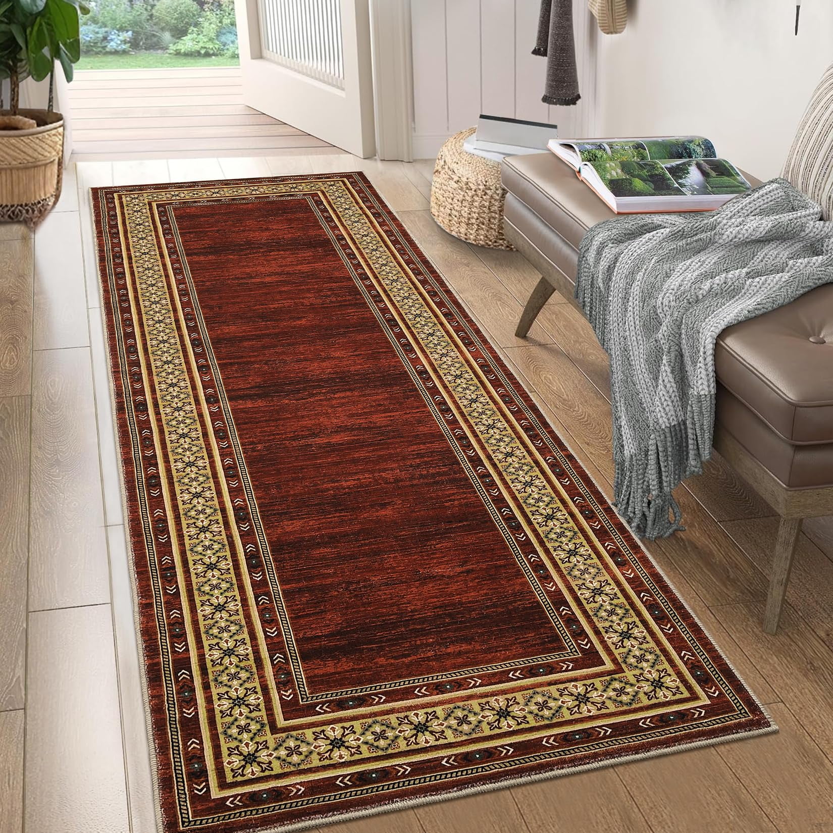 Washable 2x6 Hallway Runner Rugs, Soft Non Slip Kitchen Rug Carpet, Indoor Modern Geometric Rugs, Low Pile Throw Runner for Laundry Entryway Bathroom, Red