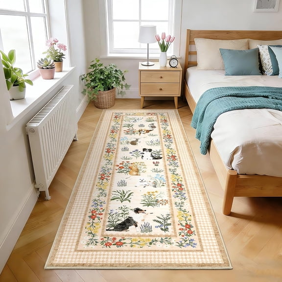 Washable 2x6 Kitchen Rugs, Cute Animal Print Entryway Rug Soft Non Slip Washable Runner Rug for Hallway Bedroom, Stain Resistant Low Pile Bordered Long Carpet for Entrance Laundry, Beige