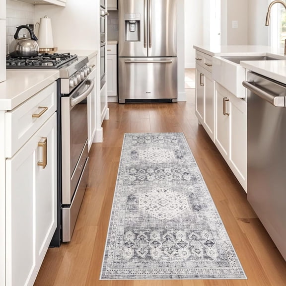 Washable 2x6 Kitchen Runner Rug - Indoor Hallway Rugs with Non Slip Backing Soft Stain Resistant Floor Carpet for Entryway Laundry Vintage Floor Home Decor Mat for Bathroom (2' x 6', Grey)