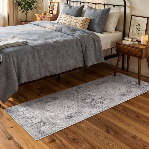Washable 2x6 Kitchen Runner Rug - Indoor Hallway Rugs with Non Slip Backing Soft Stain Resistant Floor Carpet for Entryway Laundry Vintage Floor Home Decor Mat for Bathroom (2' x 6', Grey)