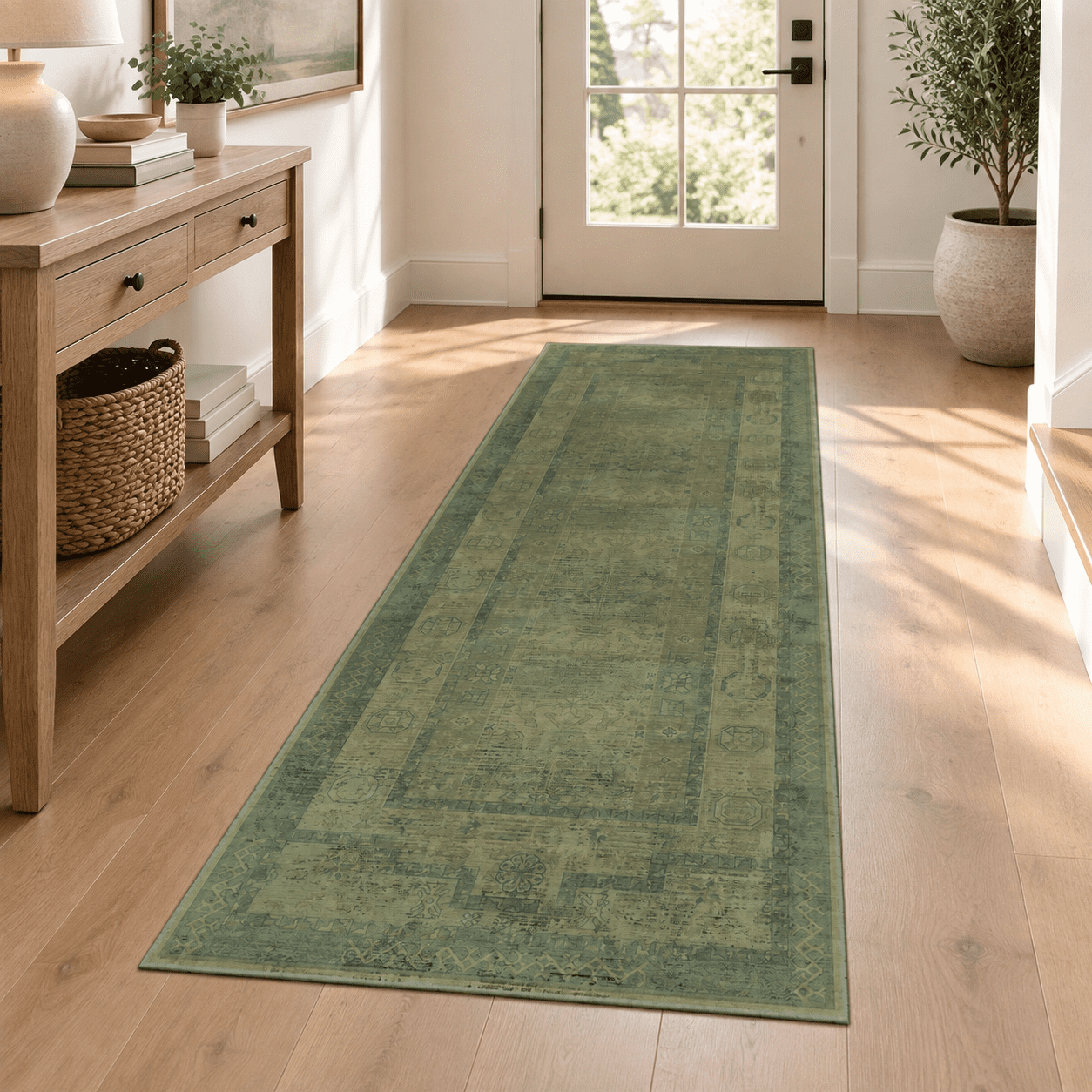 Washable 2x6 Muted Olive Green Runner Rug For Hallway Farmhouse Rustic ...