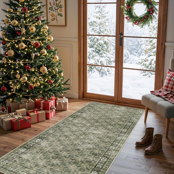 Washable 2x6 Runner Rug for Kitchen: Easy-Clean Carpet with Non-Slip Backing Bedroom Entryway Stain-Resistant Shedding-Free Floor Mat  Perfect High-Traffic Areas Pets (Green,2x6)