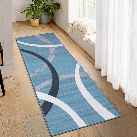 Washable 2x6 Runner Rug, Modern Hallway, Non-Slip, Low Pile, Ultra-Thin Accent Rug for Kitchen, Bathroom, Bedroom, Blue.