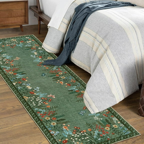 Washable 2x6 Runner Rugs, Large Living Room Rug, Non-Slip Soft Floral Rugs for Bedroom, Botanical Area Rug Carpet for Dining Room Guest Room (Green,2'x6')