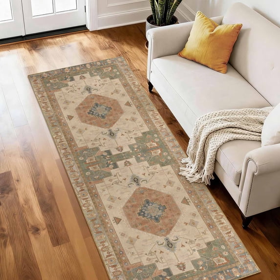 Washable Kitchen Runner Rug 2x6 ft Non-Slip Low-Profile Soft Vintage Distressed Medallion Oriental Design for Kitchen, Entryway, Hallway, Laundry, Bedroom