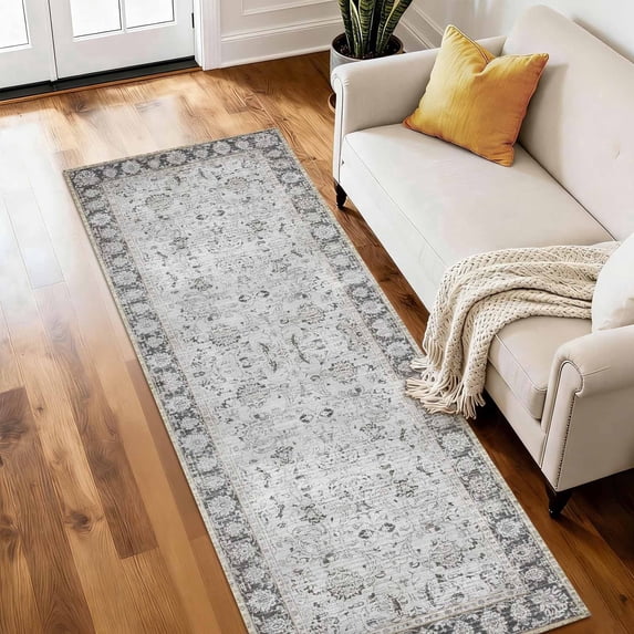 Washable Runner Rug 2x6 ft Non-Slip Soft Low-Profile Microfiber Farmhouse Distressed Floral Rug for Kitchen, Entryway, Hallway, Laundry, Bedroom