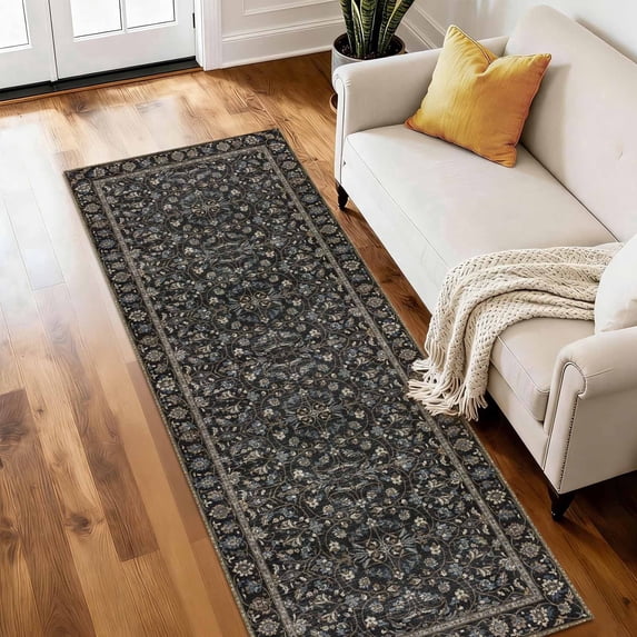 Washable 2x6 ft Runner Rug, Non-Slip Soft Low Profile Kitchen Runner Rug, Farmhouse Distressed Floral Oriental Rug for Kitchen, Hallway, Laundry Room & Bedroom