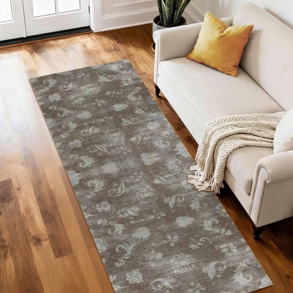 Washable Runner Rug 2x6 ft Non-Slip Soft Low-Profile Microfiber Farmhouse Distressed Floral Rug for Kitchen, Entryway, Hallway, Laundry, Bedroom
