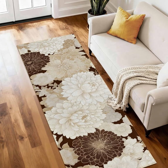 Washable 2x6 ft Runner Rug, Non-Slip Soft Low Profile Kitchen Runner Rug, Modern Abstract Geometric Floral Rug for Kitchen, Hallway, Laundry Room & Bedroom, Brown