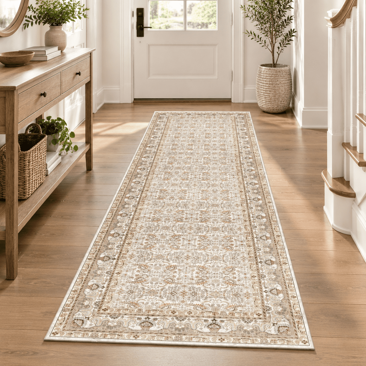 Washable 2x7 Hallway Runner Rug, Beige/Grey/Orange Vintage Low-Pile Rug ...
