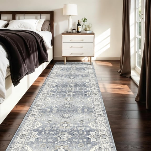 Washable 2x8 Hallway Runner Rug: Vintage 8ft Water-Resistant Soft Runner Rug for Entryway Kitchen Non Slip Low Pile Carpet for Living Room Bedroom Thin Floor Mat for Bathroom Dining Room(Grey,2x8)