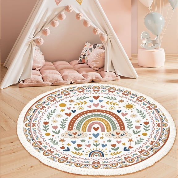 Washable 3ft Round Rug, Boho Rainbow Floral Mandala Pastel Colors Area Rugs with Tassels Boho Kids Rug Non-Slip Soft Bedroom Carpet for Classroom Teepee Princess Castle