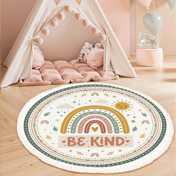 Washable 3ft Round Rug, Boho Rainbow Motivational Be Kind Text Decorative Details Area Rugs with Tassels Boho Kids Rug Non-Slip Soft Bedroom Carpet for Classroom Teepee Princess Castle
