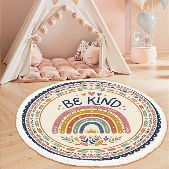 Washable 3ft Round Rug, Colorful Hand Drawn Rainbow Be Kind Message Floral Details Area Rugs with Tassels Boho Kids Rug Non-Slip Soft Bedroom Carpet for Classroom Teepee Princess Castle