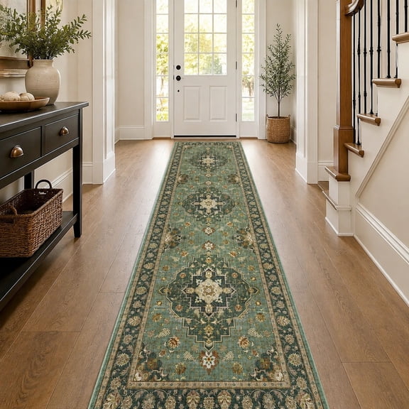 Washable 3x10 Non-Slip Runner Rug for Hallway, Forest Green, Pet-Friendly for Dog and Cat Household