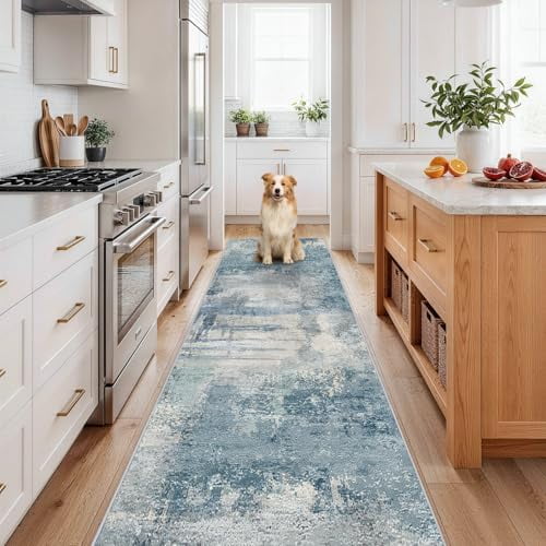 Washable 3x12 Hallway Runner Rug: Washable Non-Slip Carpet for Long Entryways Kitchen Living Room - Abstract Modern Neutral Thin Low Pile Runners 3x12 Blue