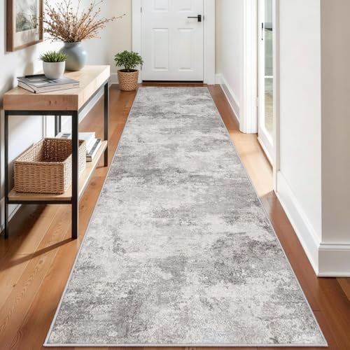 Washable 3x12 Hallway Runner Rug: Washable Non-Slip Carpet for Long Entryways Kitchen Living Room - Abstract Modern Neutral Thin Low Pile Runners 3x12 Grey