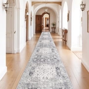 Washable 3x16 Runner Rug for Hallway - Vintage Long Kitchen Carpets with Non Slip Backing Indoor Ultra Soft Stain Resistant Rugs for Living Room Bedroom Home Decor Floor Mat for Bathroom 3x16 Grey