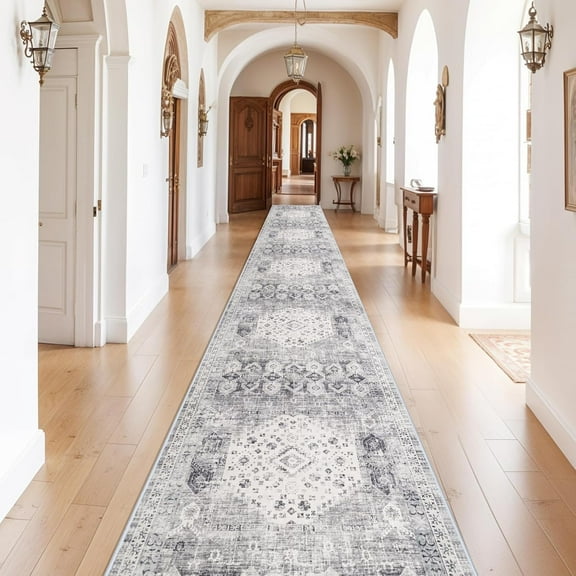 Washable 3x16 Runner Rug for Hallway - Vintage Long Kitchen Carpets with Non Slip Backing Indoor Ultra Soft Stain Resistant Rugs for Living Room Bedroom Home Decor Floor Mat for Bathroom 3x16 Grey