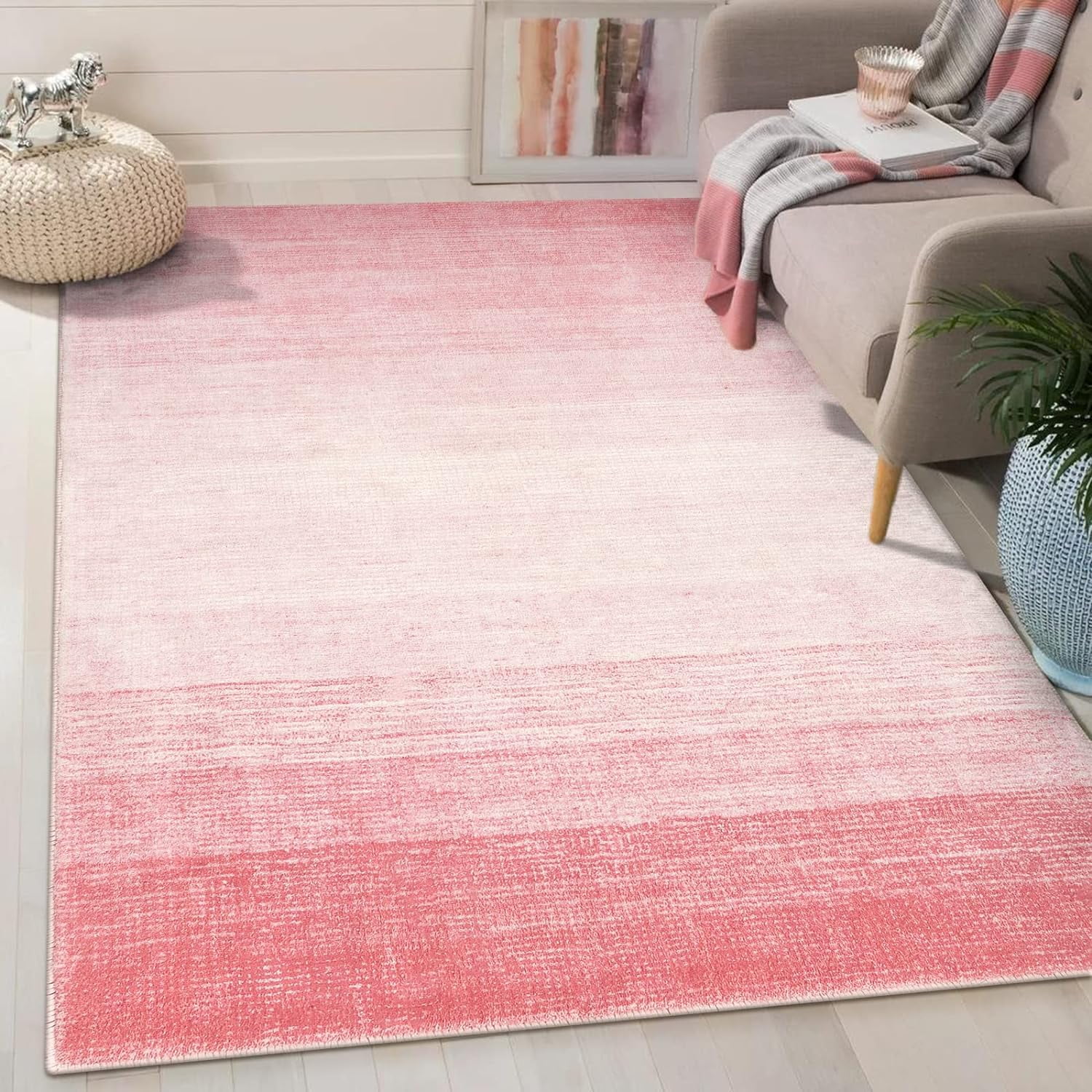 Pink Ombre Low Pile Washable Faux Wool Area Rug