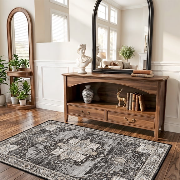 Washable 3x5 Area Rug - Soft Area Rugs for Living Room Stain Resistant Carpet Vintage Lightweight Rugs for Bedroom Kitchen entryway with Non Slip Backing Home Decor Small Mat 3X5 Black