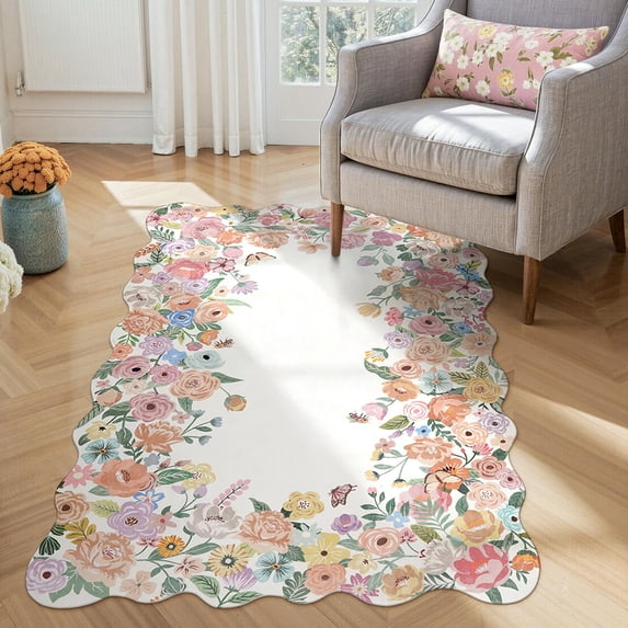 Washable 3x5 Bedroom Rug Soft Camellia Floral Area Rugs For Living Room Non Slip Boho Flower Scalloped Throw Carpet Bedside Entryway Laundry (beige 3'x5')