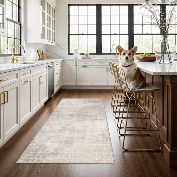 Washable 3x5 Kitchen Area Rug: Non-slip Abstract Water-resistant Entryway Doormat Soft Sink Fridge Bedroom Carpet Low Pile Stain-resistant Bathroom Laundry Neutral Faded Floor Mat(3x5 Beige/cream)