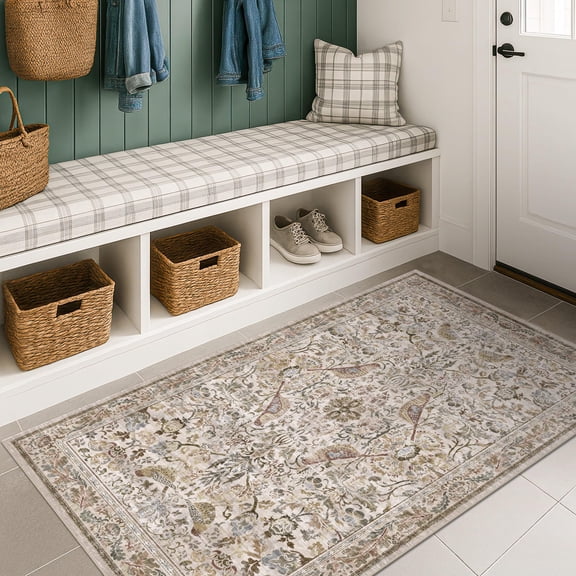 Washable 3x5 Moss Large Entryway Rugs - Low Pile Soft Boho Area Rug For Bedroom Beside Bed Laundry Non Slip Flkitchen Mat Floor Vintbotanical Design Stain Resistant Carpet