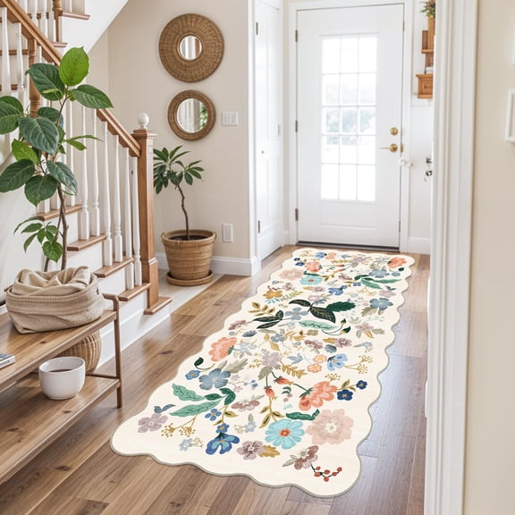 Washable 3x6 Hallway Runner Rug: Floral Scalloped Soft Runners For Entryway Kitchen Non Slip Bathroom Laundry Floor Mat Water Resistant Light Weight Carpet Living Room Bedroom (3x6 Cream)