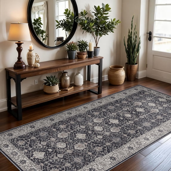 Washable 3x7 Entryway Runner Rug: Farmhouse Wide Kitchen Rug Soft Water Resistant Floor Mat For Bathroom Bedroom Non-slip Indoor Carpet Living Room Dining Hallway(3x7 Black)