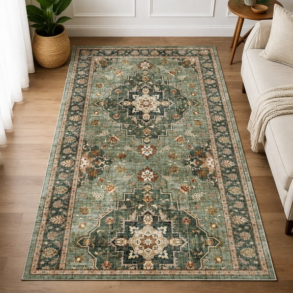 Washable 4x10 Rug for Wide Hallway, Non-Slip, Household Use, Forest Green, Pet-Friendly for Dog and Cat
