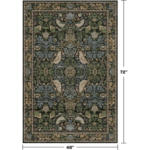 Washable 4x6 Area Rug for Living Room - Moody Accent Rug for Kitchen, Office, Large Entryway, Rustic Botanical Decor, Non-Slip Low Pile Ultra Soft Carpet