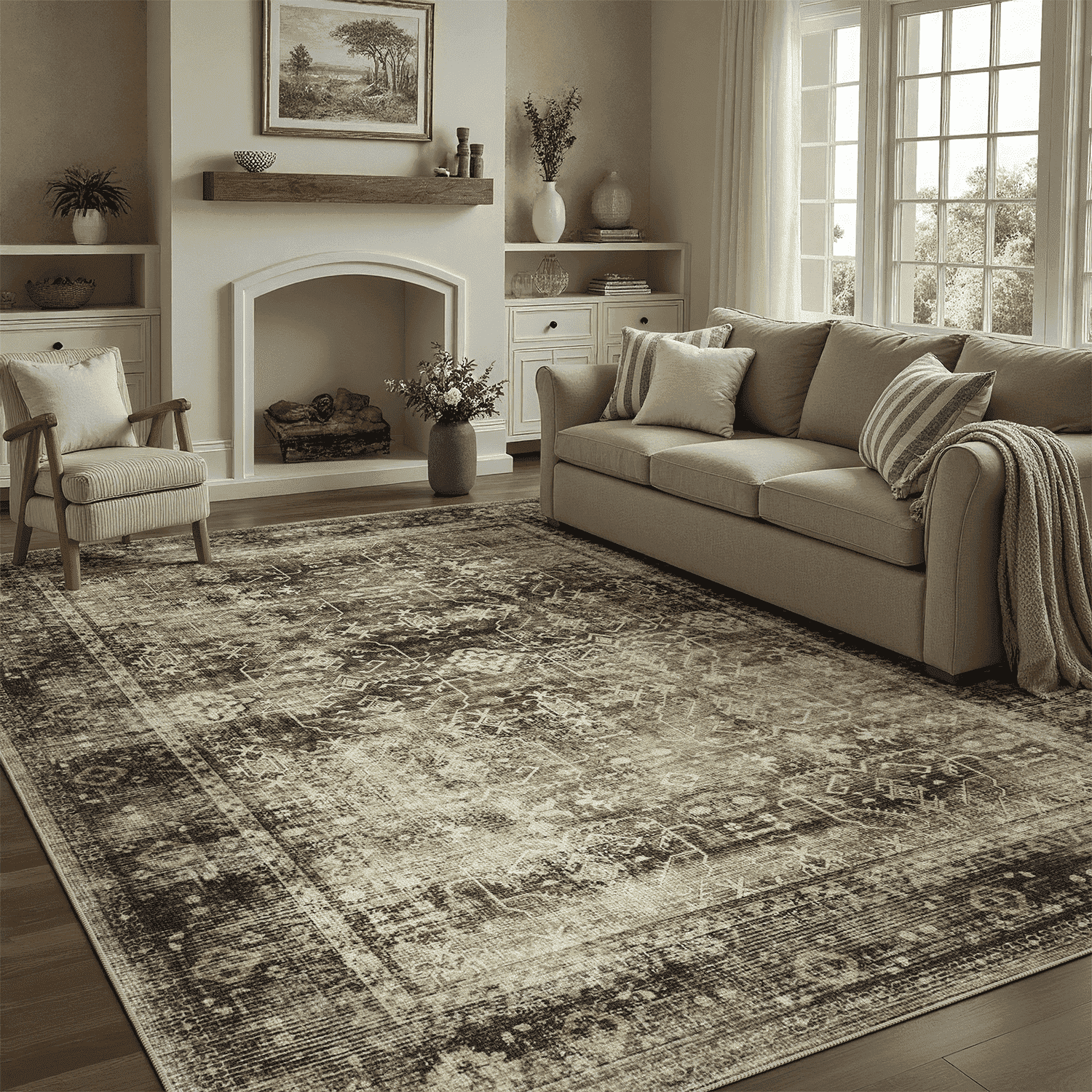 4x6 Washable Rug, Non-Slip, Stain-Resistant Rustic Farmhouse Low Pile ...