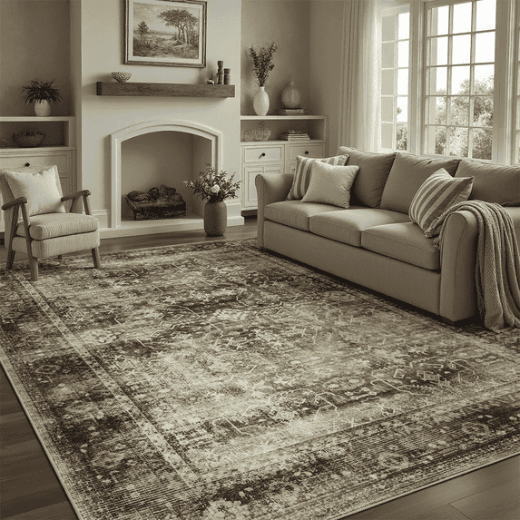 4x6 Washable Rug, Non-Slip, Stain-Resistant Rustic Farmhouse Low Pile Carpet for Dining Room, Living Room, Bedroom -Brown