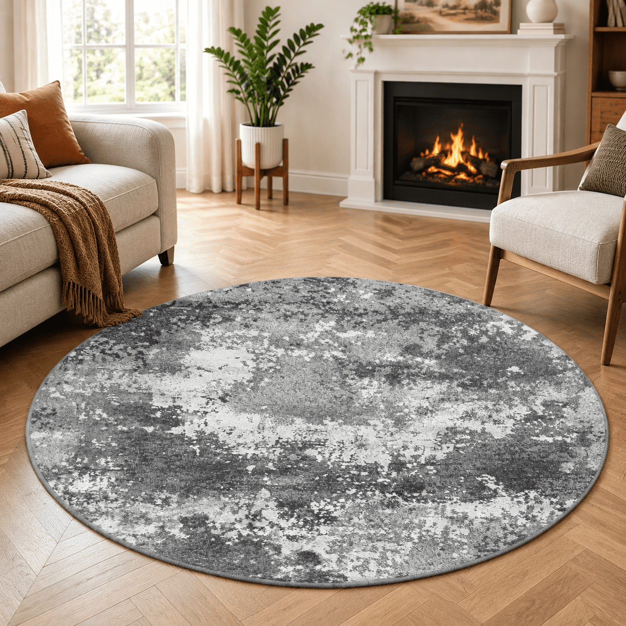 Washable 5 Ft Round Rug Grey Circle Area Rugs For Entryway Kitchen Non ...
